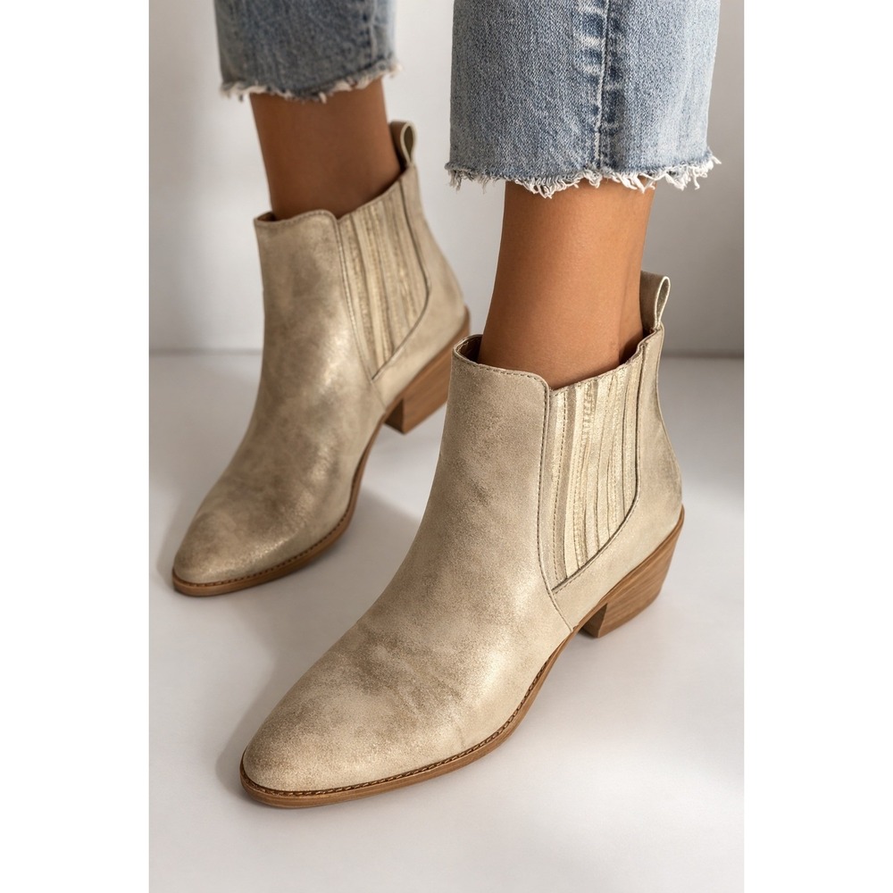 Boutique by Corkys Gold Metallic Ankle Boots Potion 10 Pointed Toe Block Heel